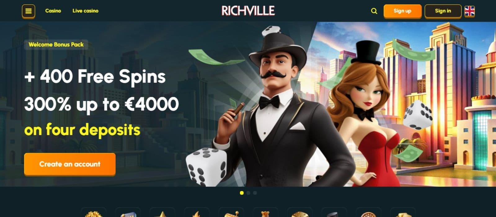 Richville Casino's homepage, showing the quadruple welcome bonus and avatars.