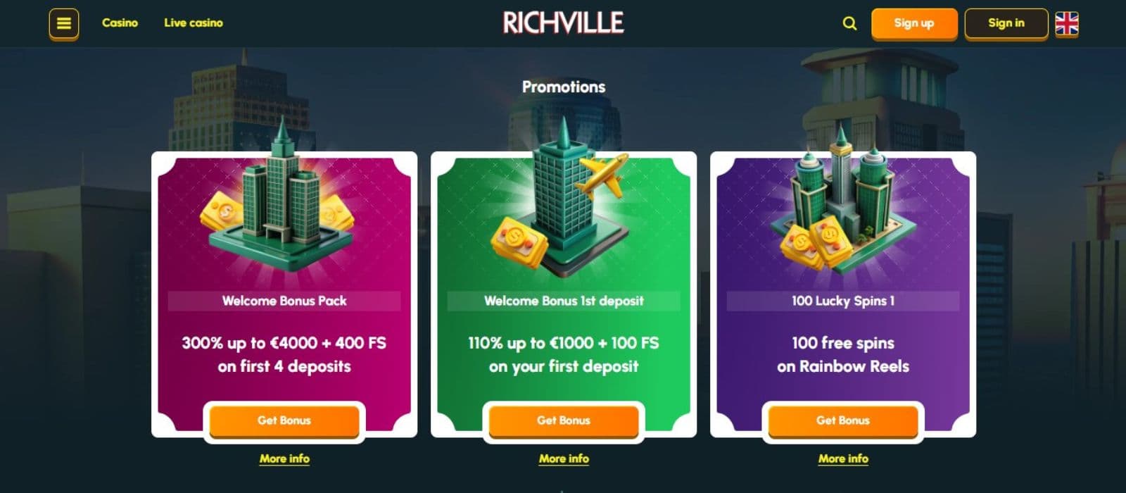 Richville Casino's promotions page, showing the quadruple welcome bonus worth up to €4,000 plus 400 free spins.