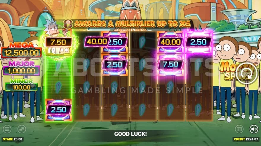 Morty Spins with various Jackpots presented on the left of the reels.