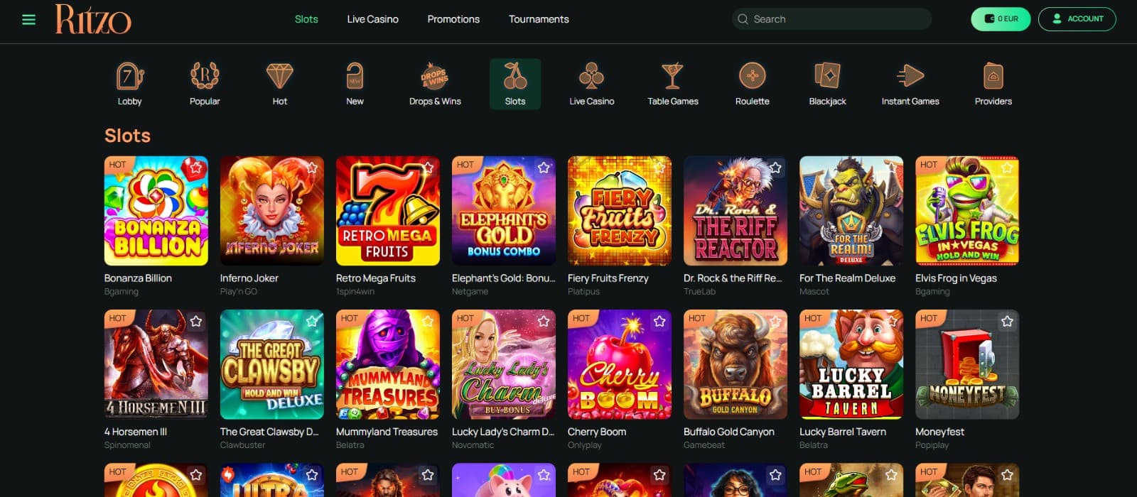 The games page of Ritzo Casino showcases a range of slot games, such as Bonanza Billion, Retro Mega Fruits, and more.