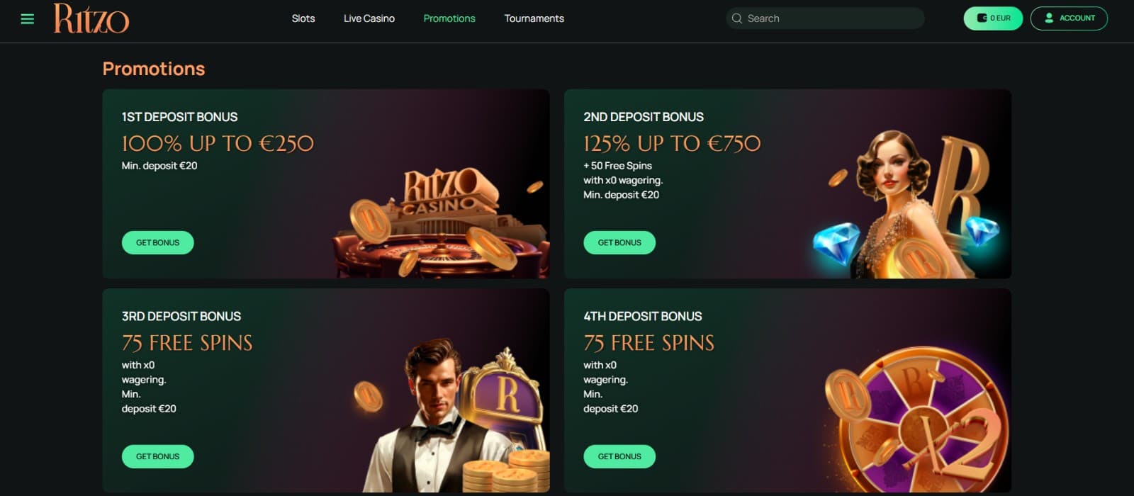 The promotions page of Ritzo Casino displays the welcome package spread across the first four deposits.