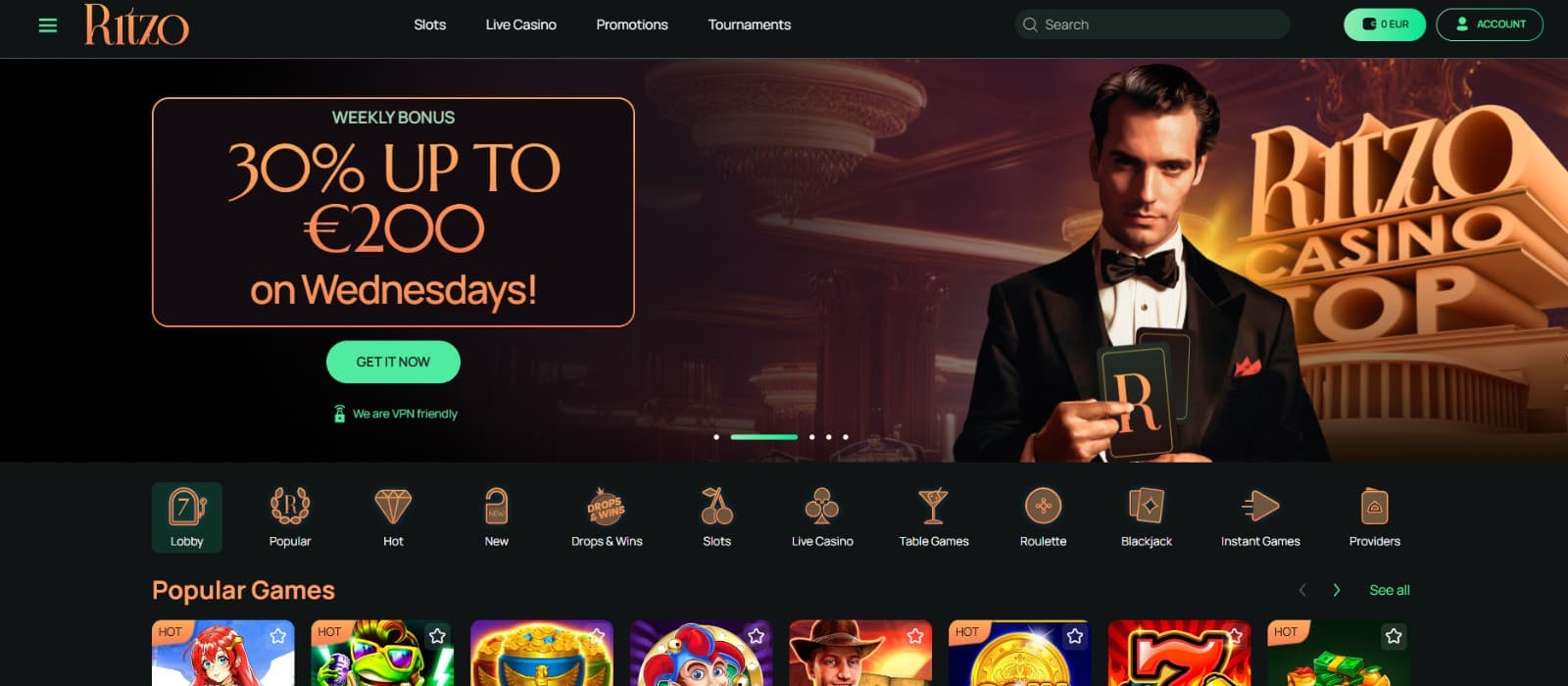 The landing page of Ritzo Casino presents the weekly bonus of up to 200 euros on Wednesdays.