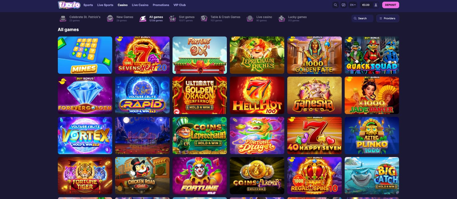 Rizzio Casino games page showing slot game library with grid layout, popular titles, and game category filters