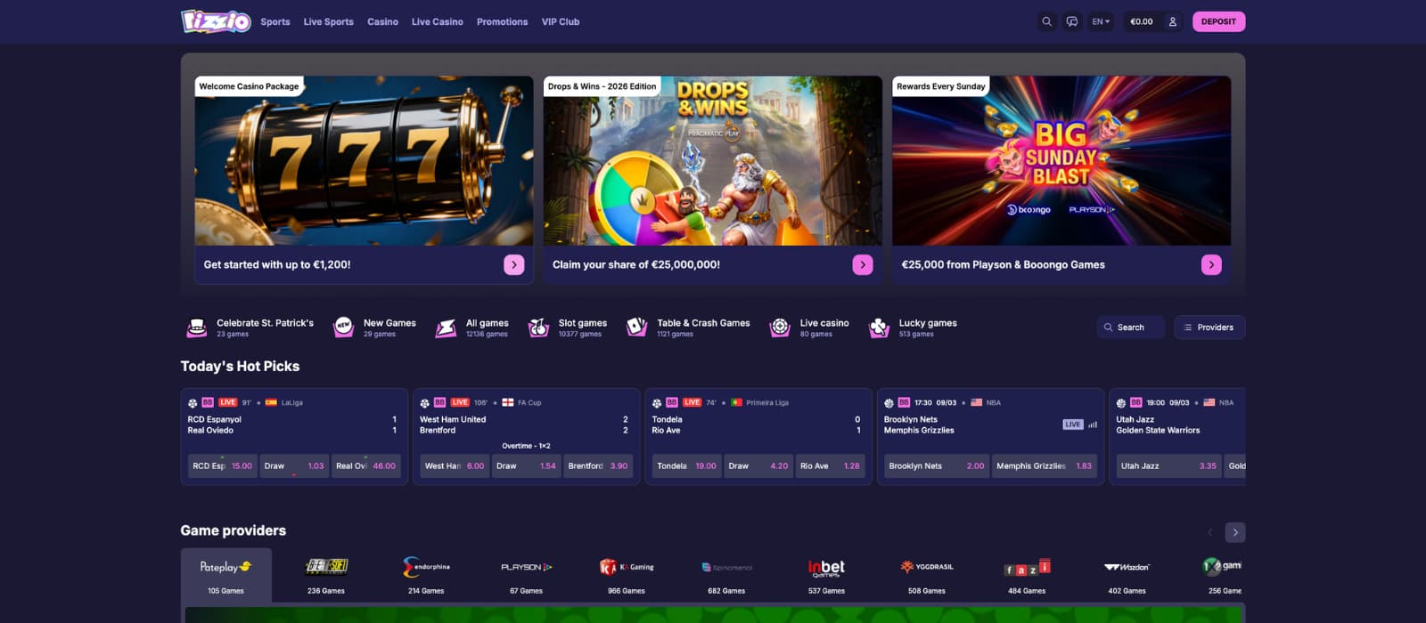 Rizzio Casino landing page showing homepage promotions, featured offers, sportsbook highlights, and game provider section