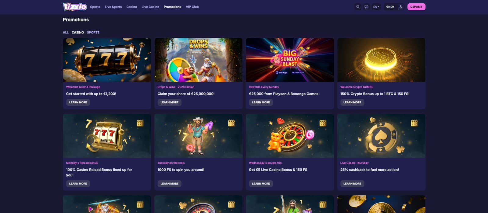 Rizzio Casino promotions page displaying welcome bonus, crypto bonus, drops and wins campaign, and weekly casino promotions