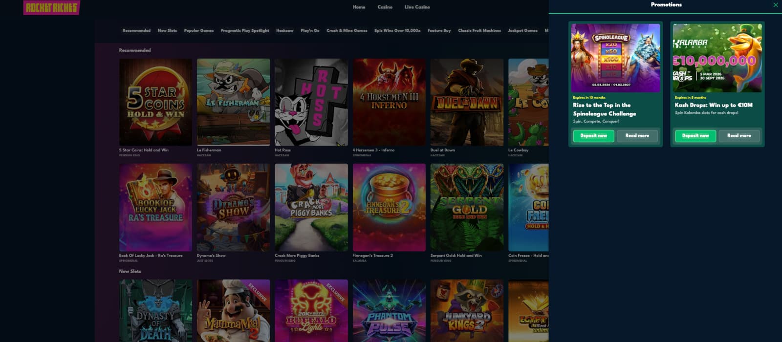 Rocket Riches Casino promotions page displaying Spinoleague challenge and cash drop campaigns with deposit and read more buttons