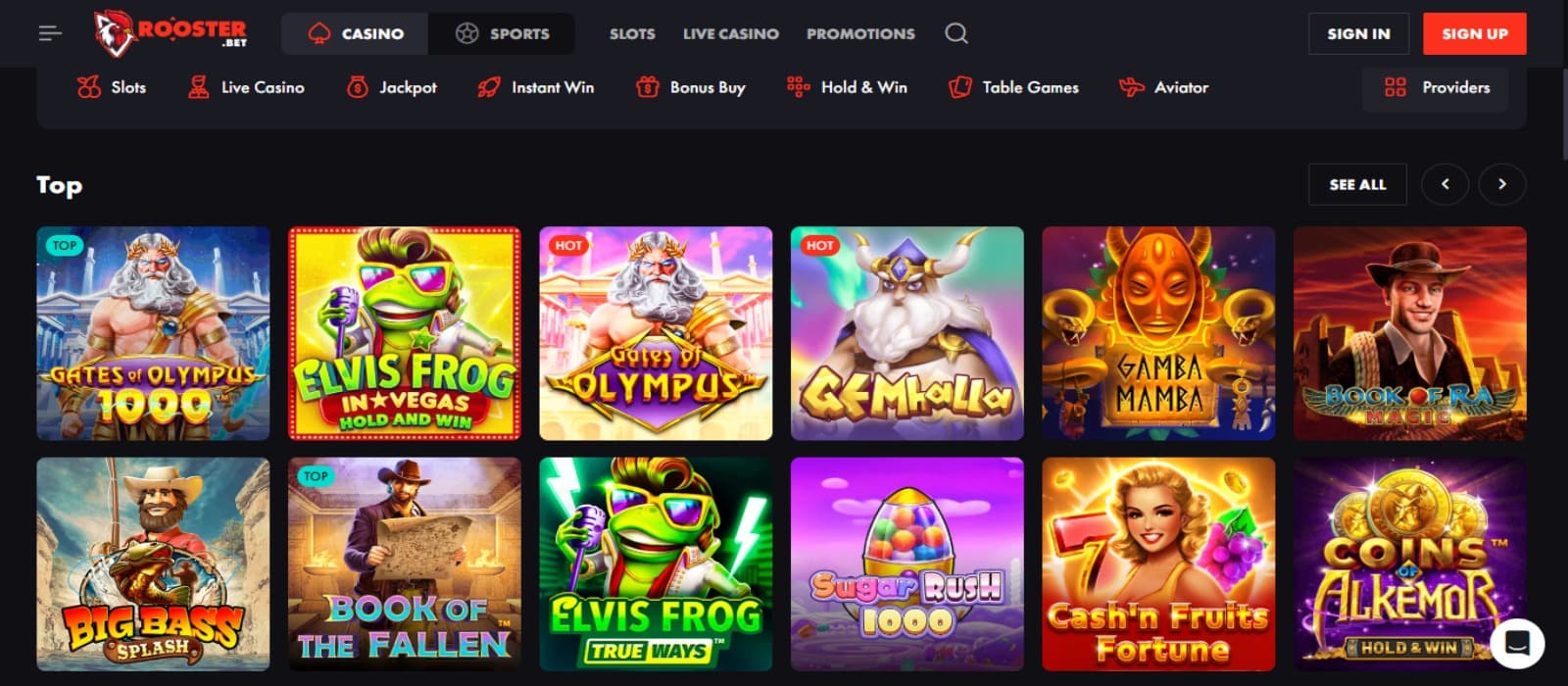 Rooster Bet Casino games page with the colorful slot game icons, top game filter options and top navigational menus