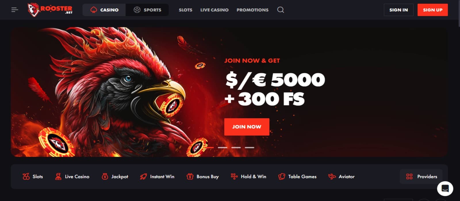 Rooster Bet Casino landing page with the welcome bonus offer banner displaying a rooster mascot, game filter menus below and top navigation menus