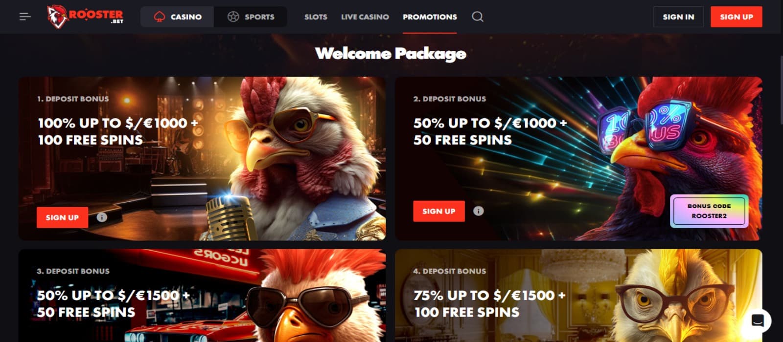Rooster Bet Casino promotions page with the various welcome bonus offer banners displaying distinct rooster mascot images, and top navigational menus