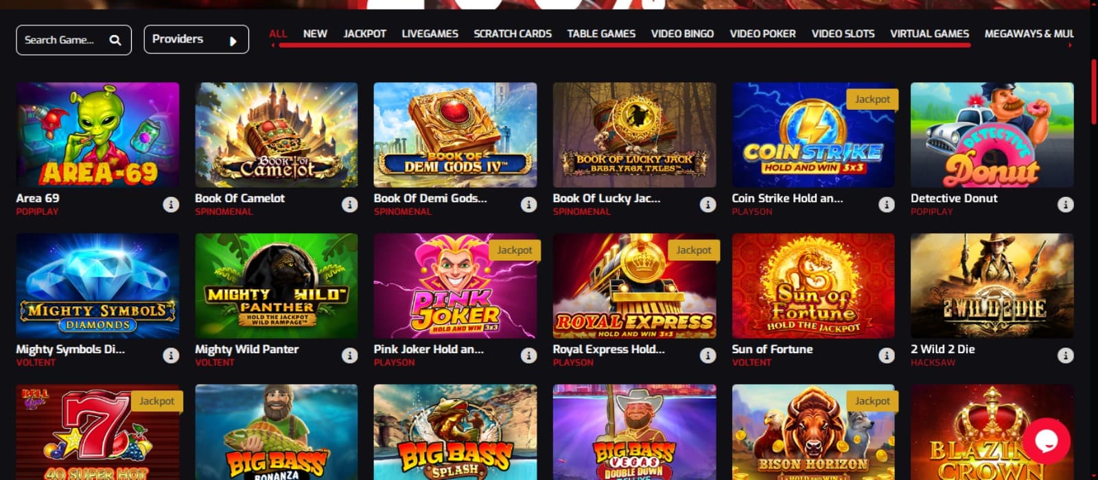 RoyalStars Casino games page with the colorful slot game icons, game categories above and search filter option