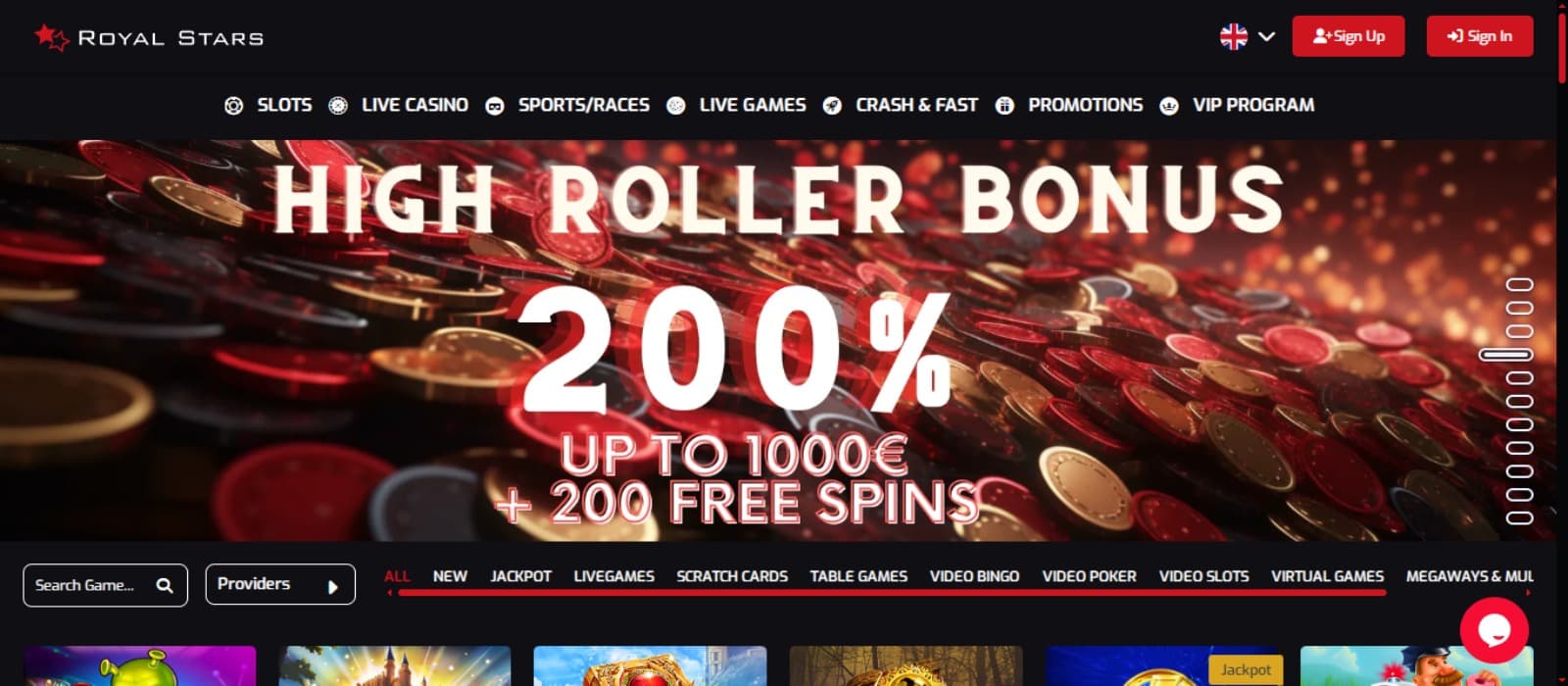RoyalStars Casino landing page with the High rolller bonus offer banner, top navigation menus and slot game icons below