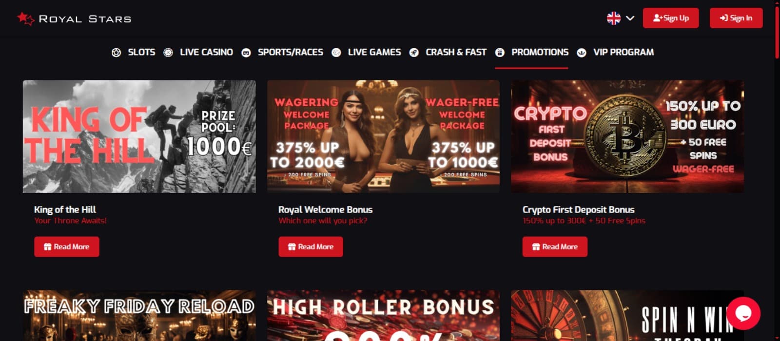 RoyalStars Casino promotions page with the welcome bonus and other bonus offer banners with descriptions and top navigation menus