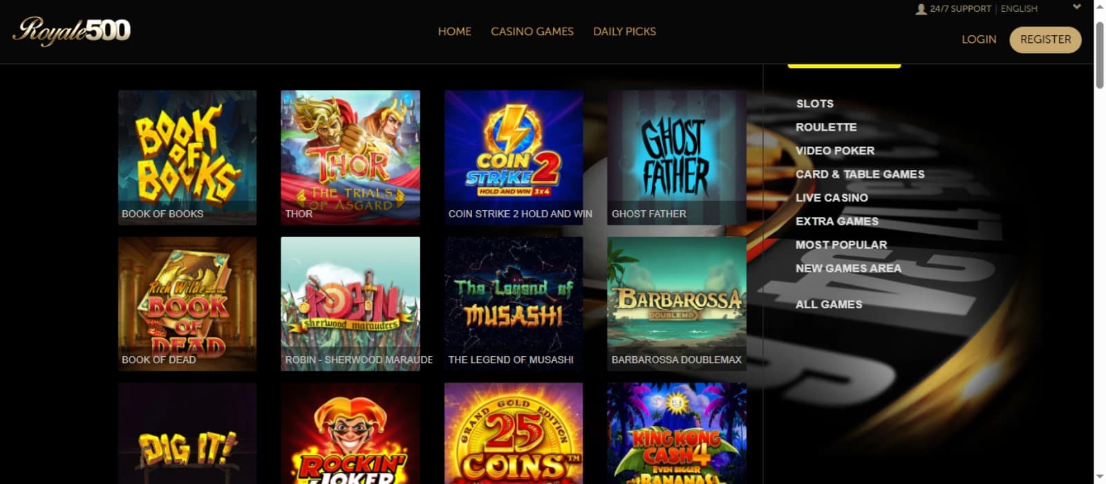 Royale500 Casino games page with the colorful slot game icons, top navigation menus, sign up button and casino logo with a casino wheel image at the background