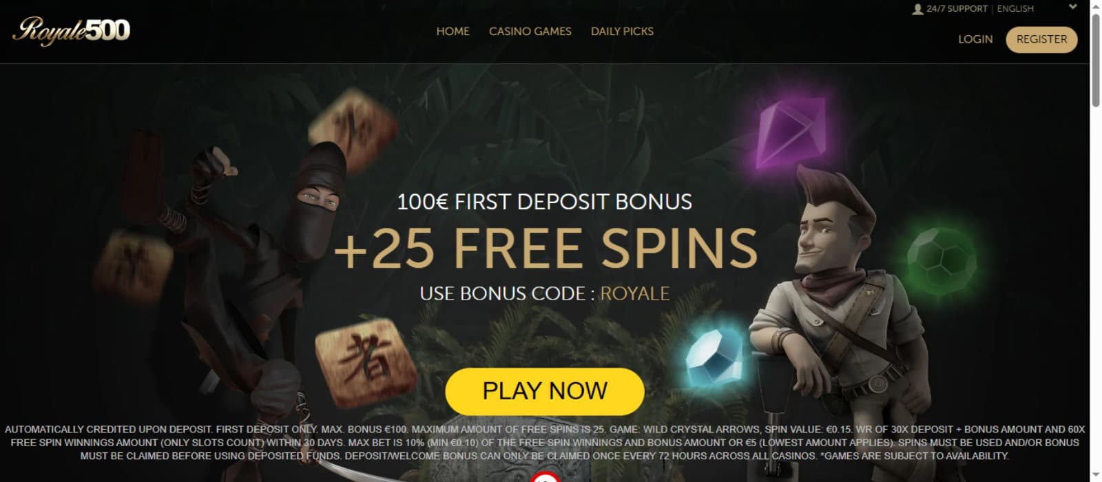 Royale500 Casino landing page with the first deposit bonus offer banner with images from slot games like Book of Dead, description of the bonus below and top casino navigation menus