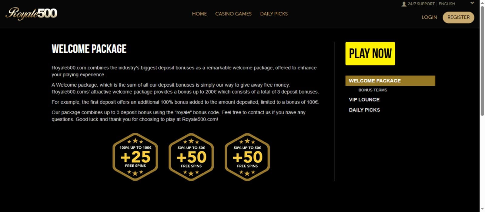 Royale500 Casino promotions page with the welcome bonus offer description, Play now button and top navigation menus