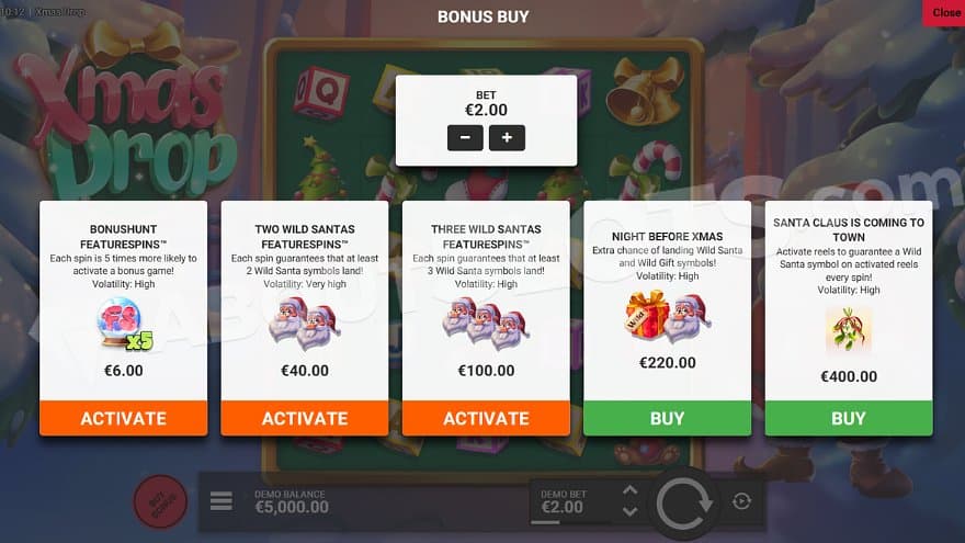 A menu offering Wild Santas and Free Spins in different versions.