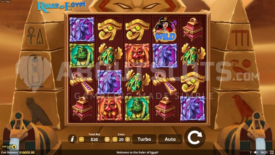 The playing grid is built into a temple filled with hieroglyphs