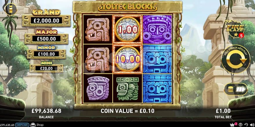 Three reels with three rows next to some temples.