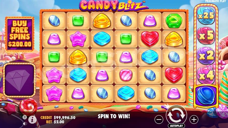 A six reel slot with candy symbols.