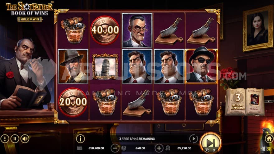 Free Spins bonus game with a cigar-smoking boss on the left.