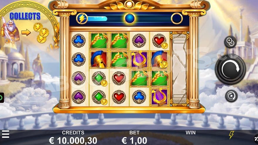 Five casino slot reels in the heavens of Zeus.