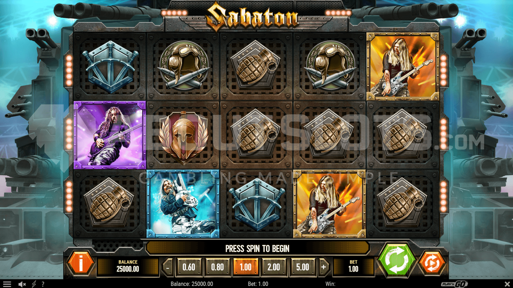 The base game playing grid is sat infront of the bismarck battleship and the reels are filled with band members