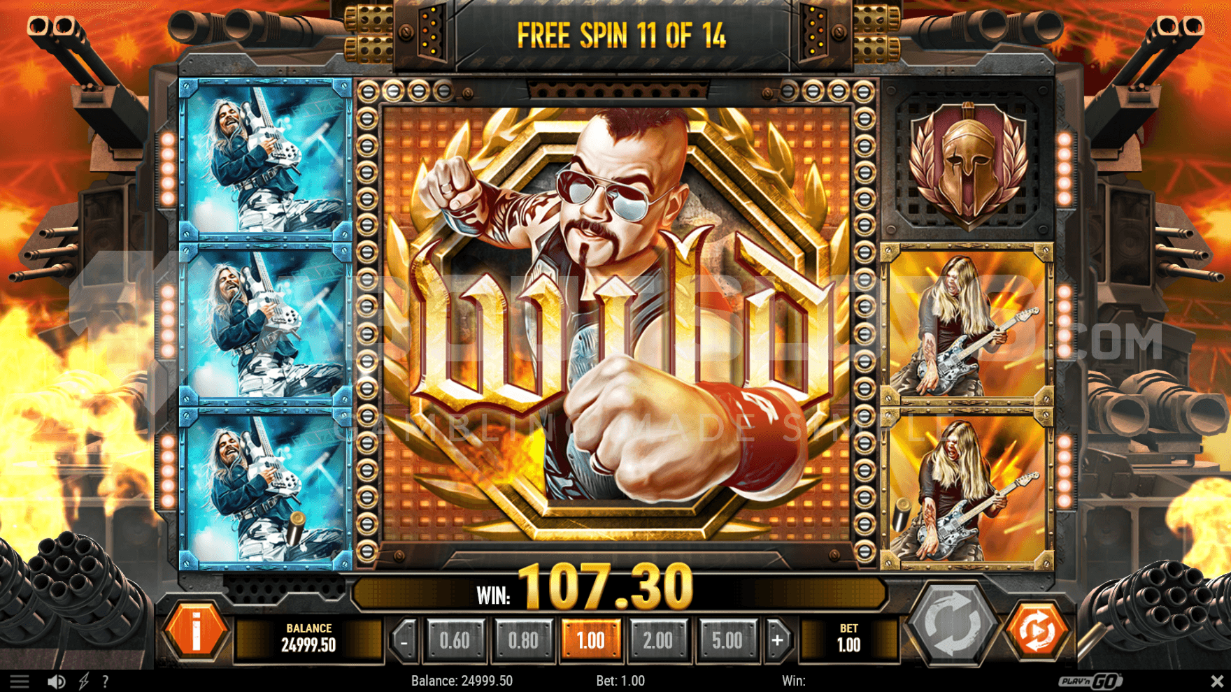 The Free Spins feature is active and a Mega Wild Symbol has landed in the 3 middle reels