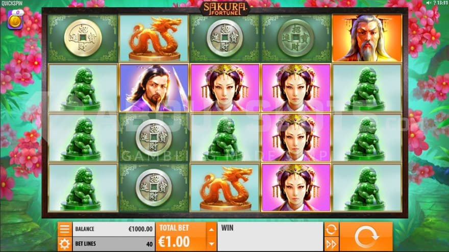 The base game set in a forest with branches of cherry blossoms envoloping the reels