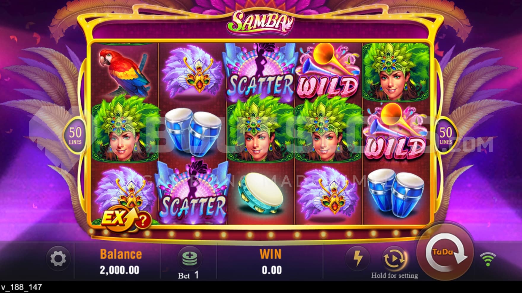 The playing grid is set on a stage with many llightbeams flashing and dancers on the reels