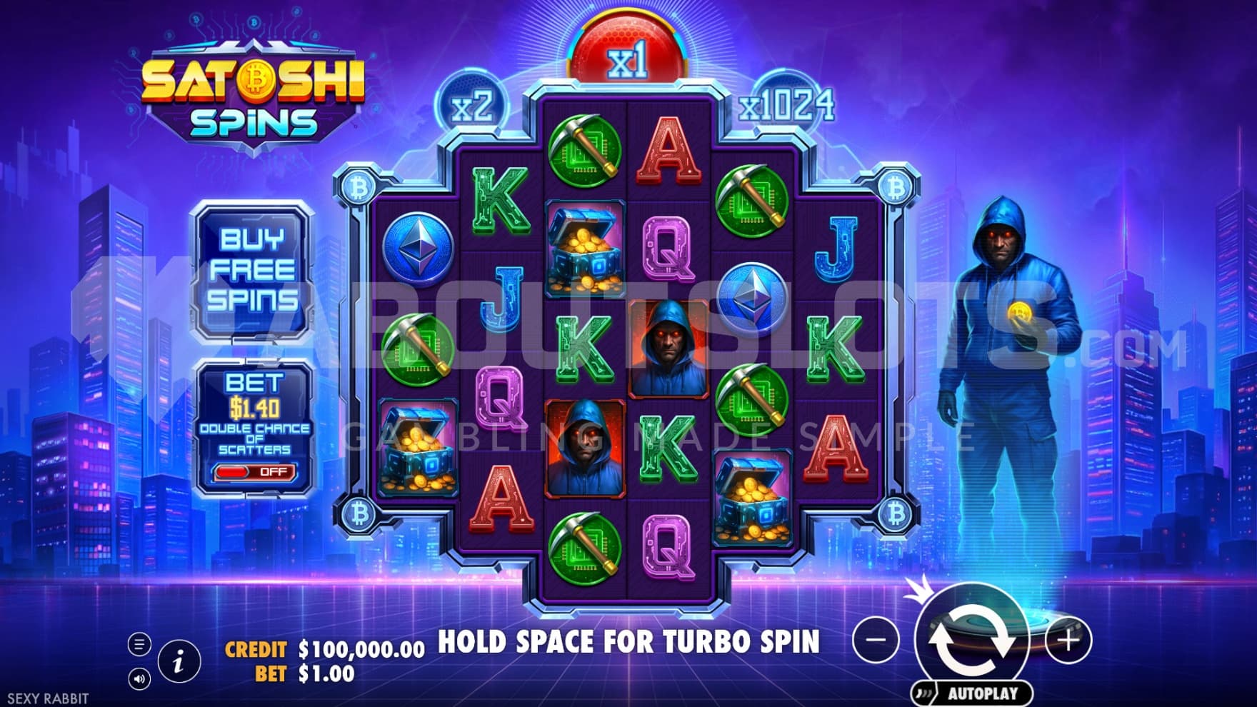 The holographic Satoshi character stands next to the reels with a bitcoin in hand