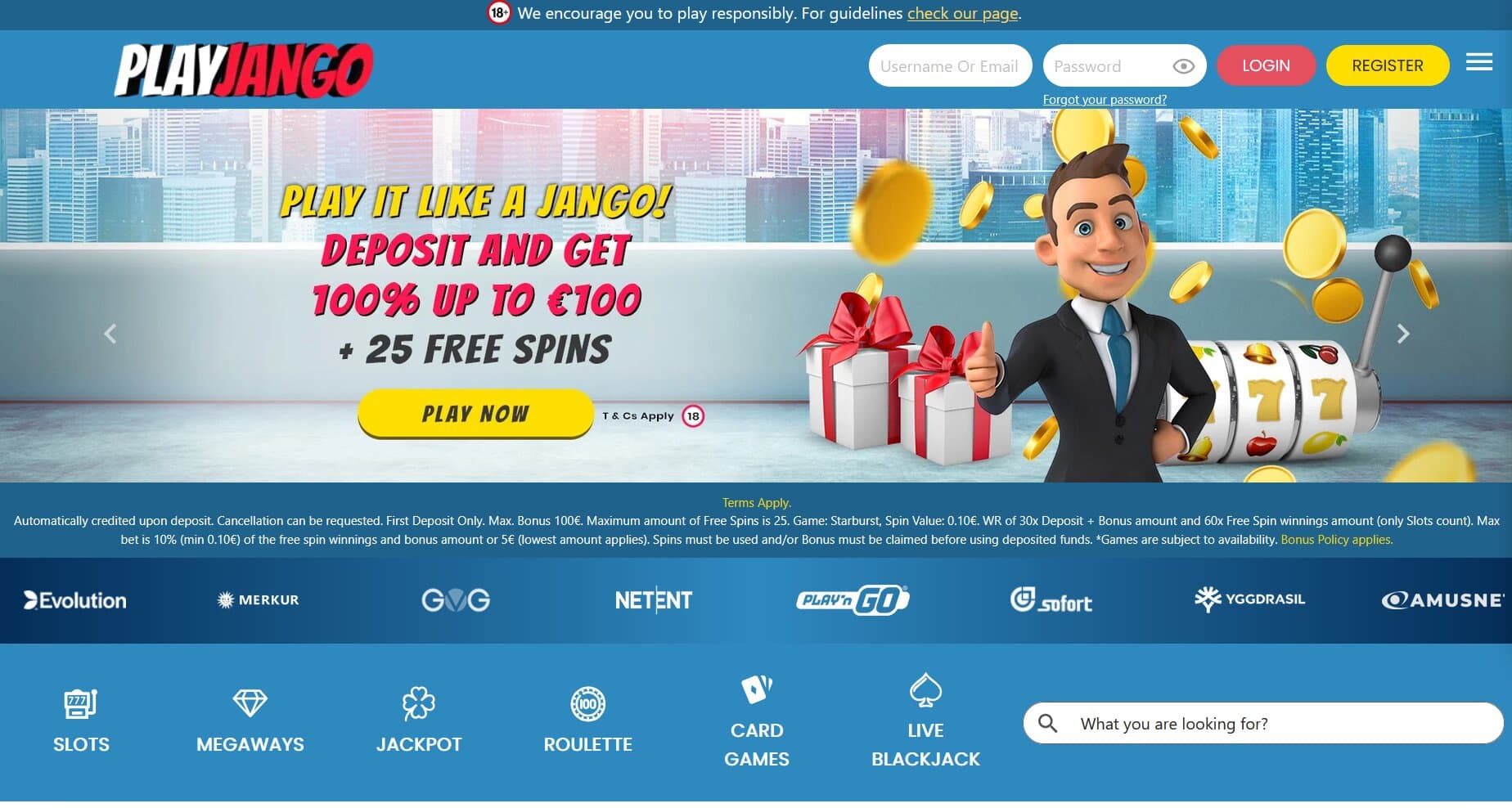 PlayJango Casino landing page featuring the 100% up to 100 euro plus 25 free spins welcome bonus banner with character and gold coins, above list of providers and game categories and search bar