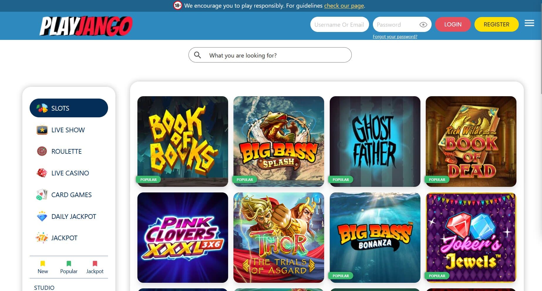 PlayJango Casino games page featuring the slot and table game icons next to side menu for general categories and game features