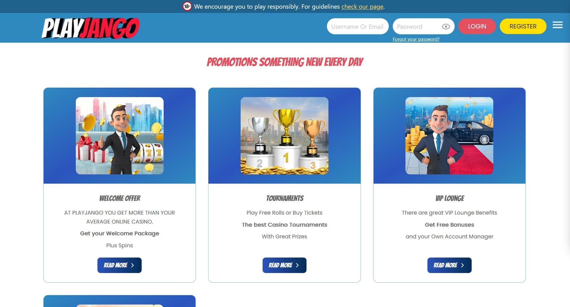 PlayJango Casino promotions page featuring the welcome bonus, tournaments, and VIP lounge benefits with their respective banner images