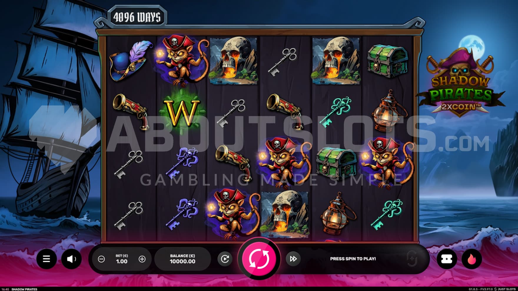 The base game is set out on the dark seas, with the reels being filled with various pirate items