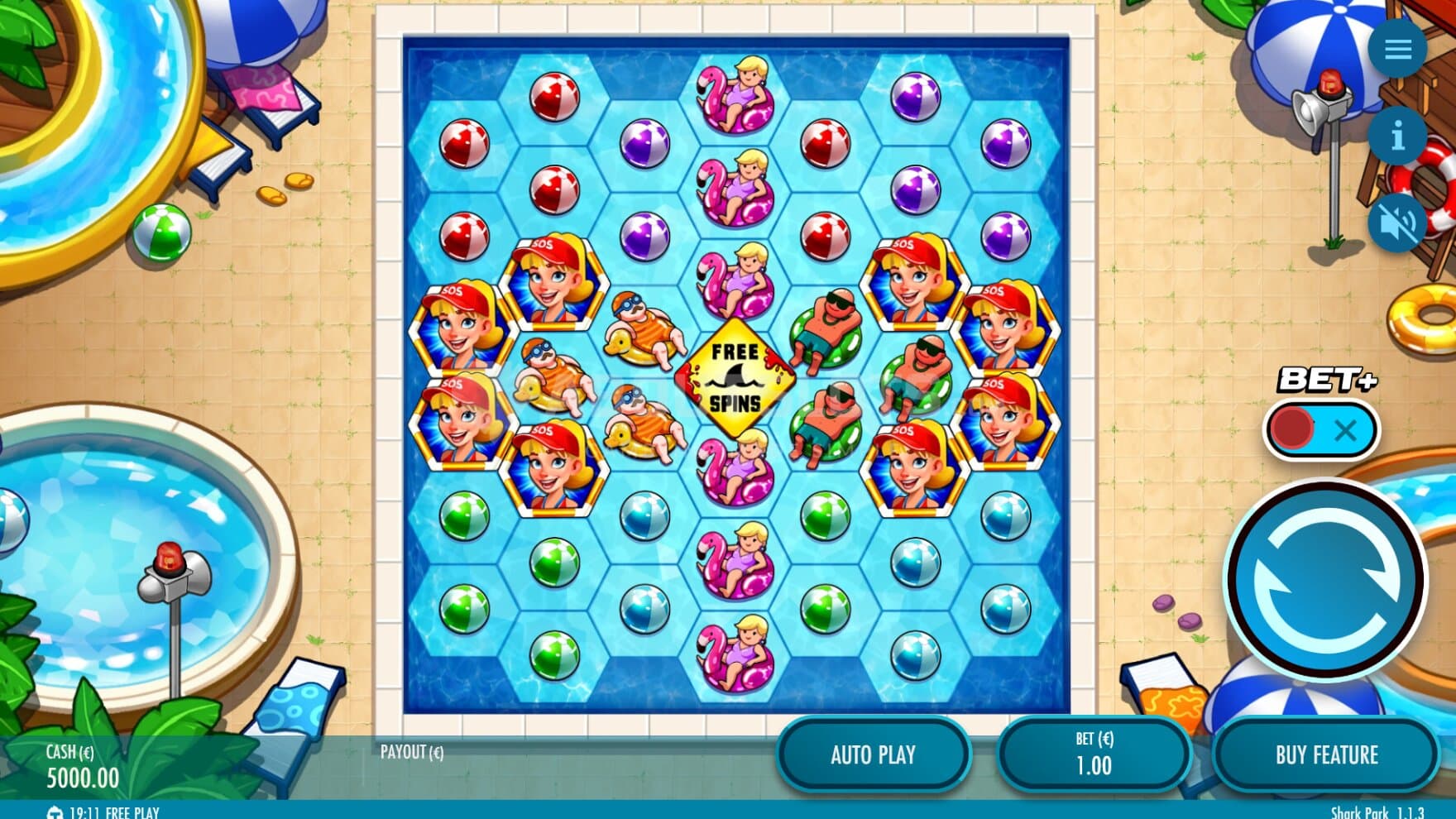 The playing grid has been built into a pool, with symbols depicted as swimmers, beachballs, and lifeguards