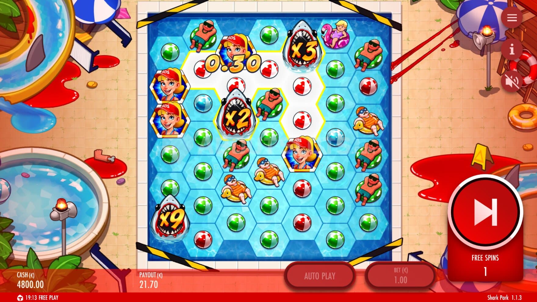 The shark gets into a frenzy and the pool is at full alarm as blood spills just about everywhere during the bonus game