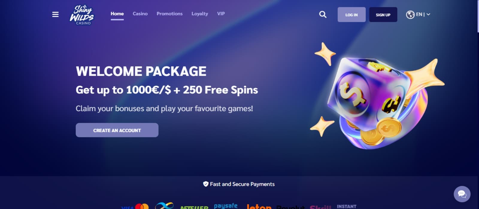 ShinyWilds Casino landing page with the welcome package banner and top navigational menus