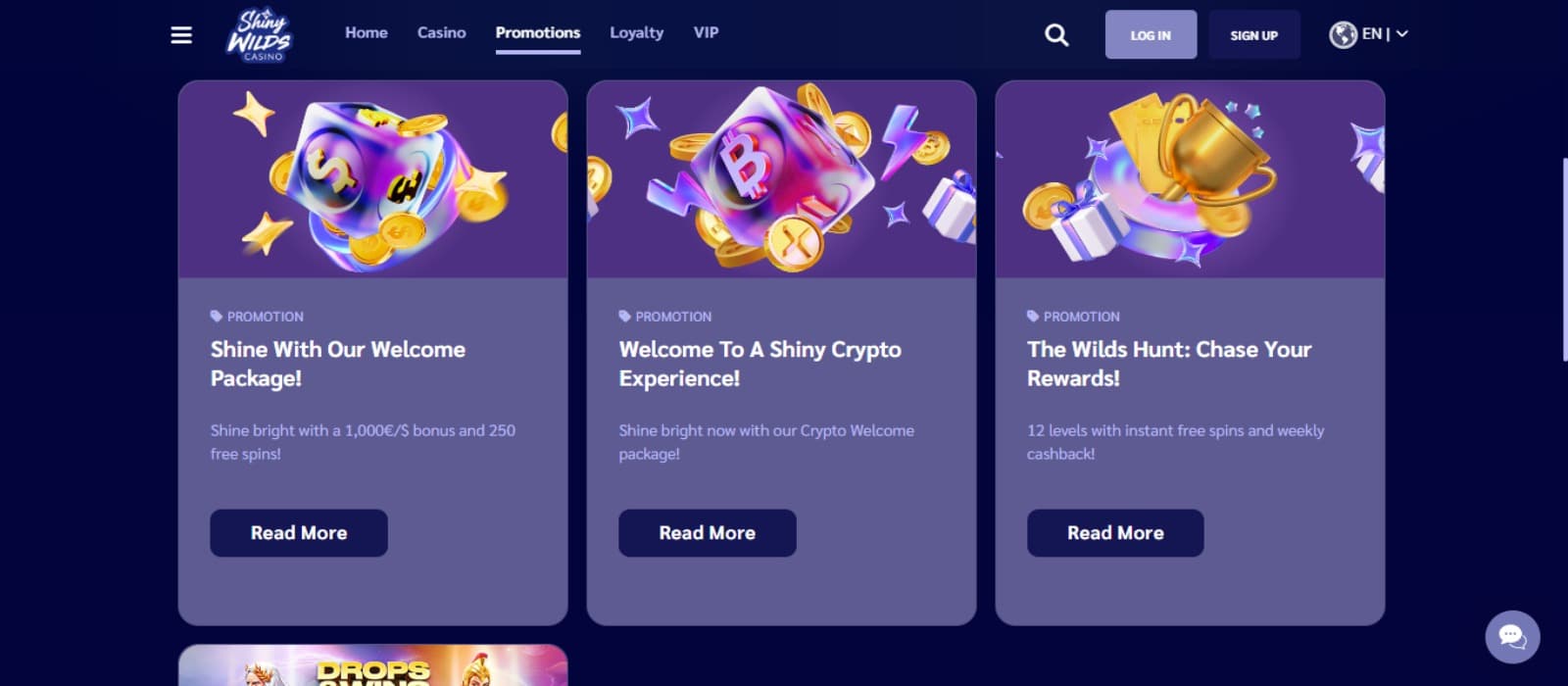 ShinyWilds Casino promotions page with the welcome bonus and promotional offer banners and top navigational menus