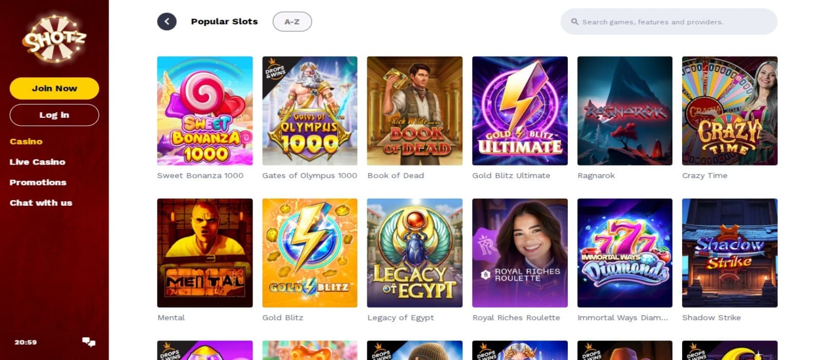 Shotz Casino games page with the slot game icons and side navigational menus