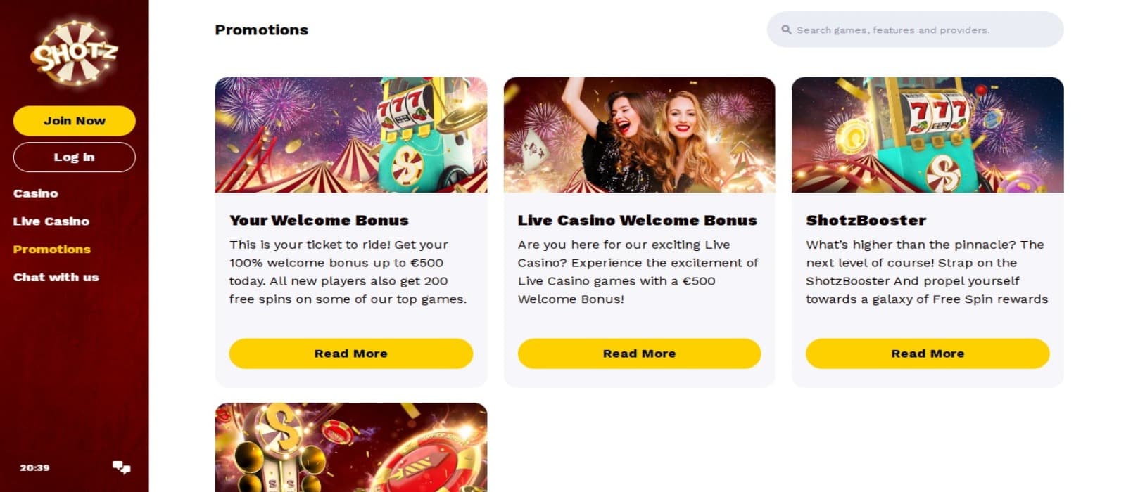 Shotz Casino promotions page with the various bonus offers including welcome bonus offer banner and side navigational menus