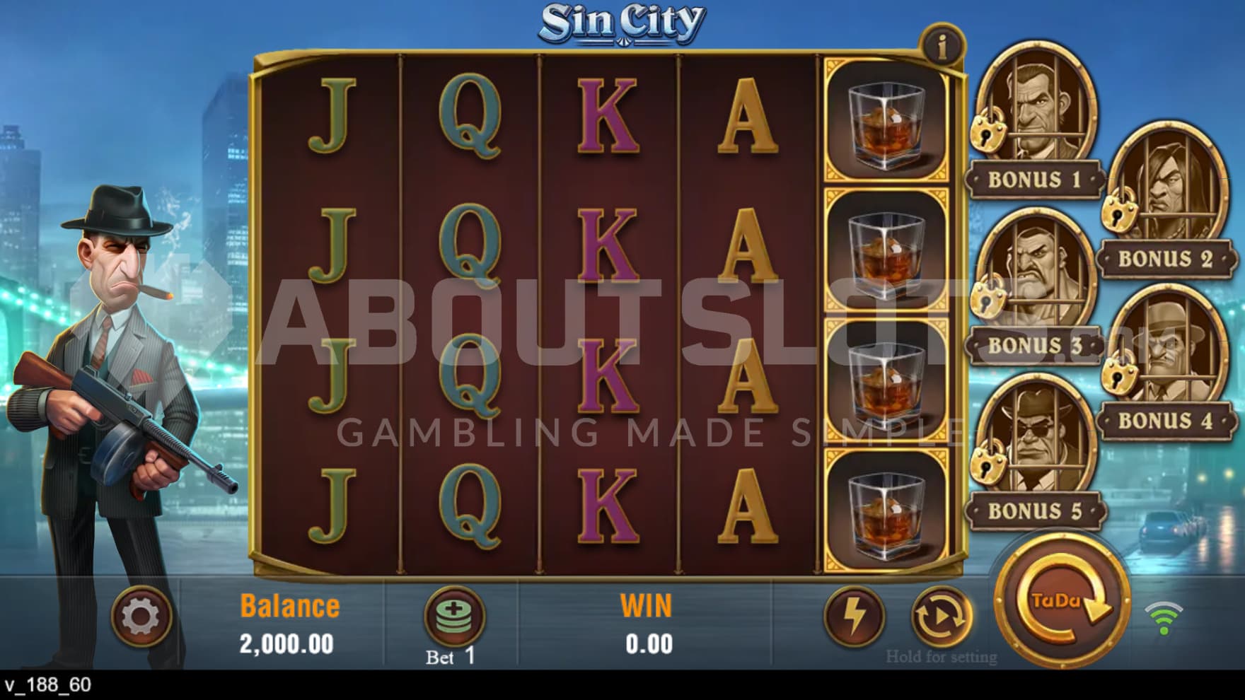 The legendary gunslinger stands to the left of the reels with the imprisoned crime bosses and their bonuses are shown on the right