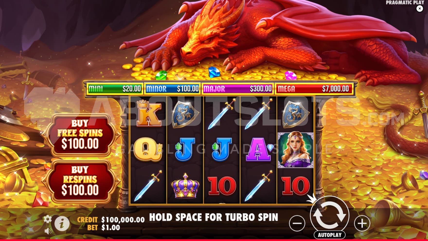 The base game where you can see the red dragon sleeping above the reels