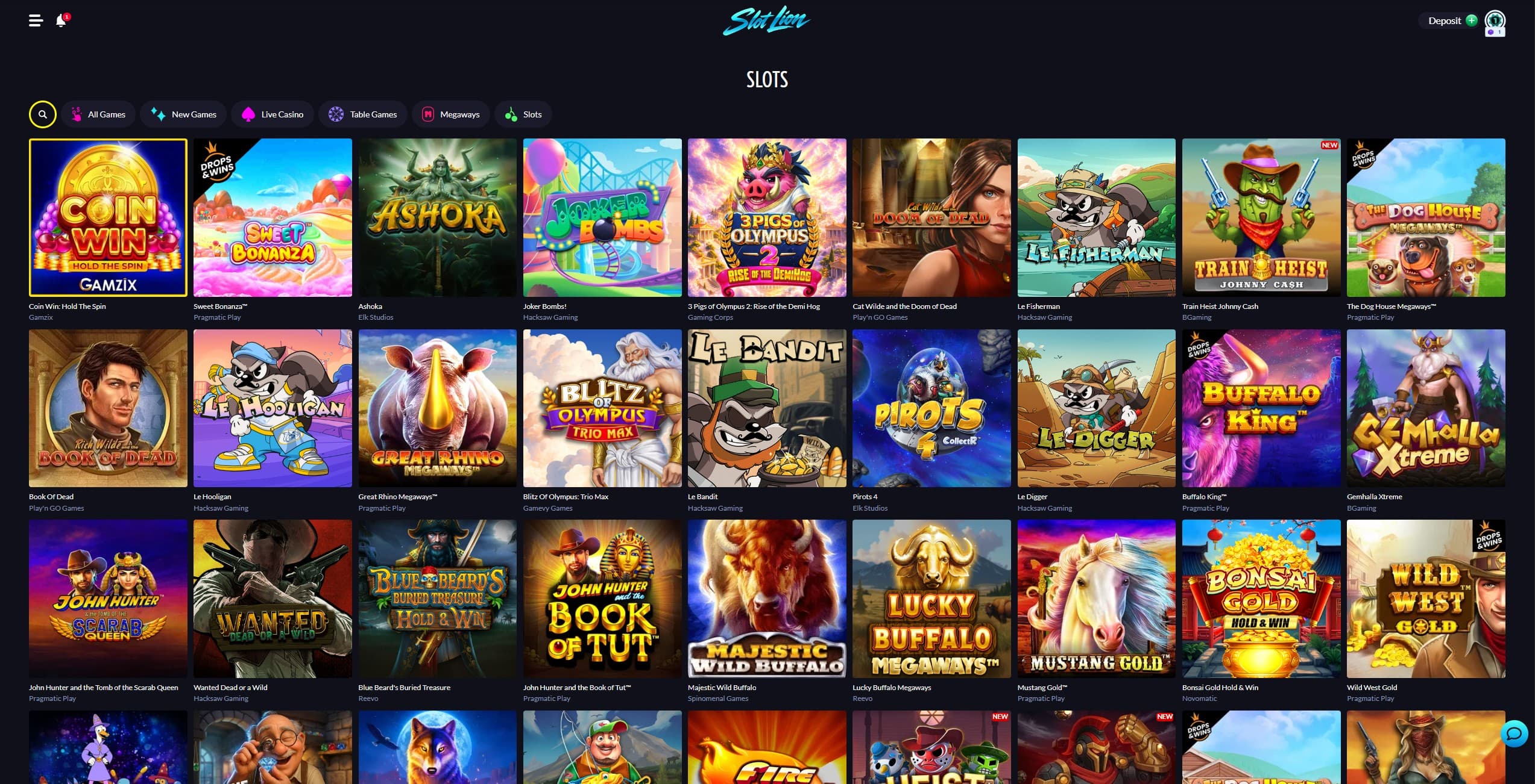 SlotLion Games Page showing some of the available slot games on the platform
