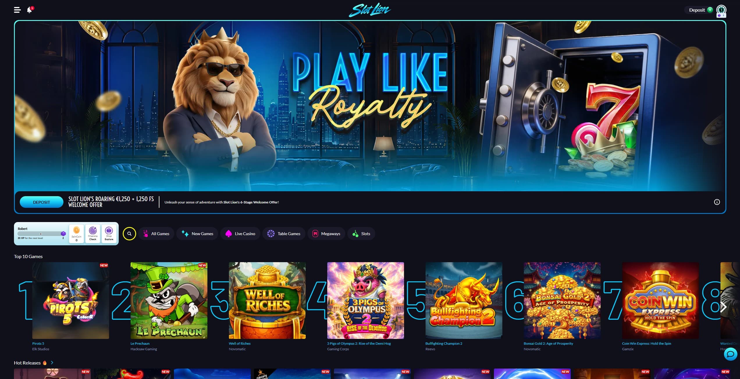 SlotLion Landing Page showing a selection of popular casino games