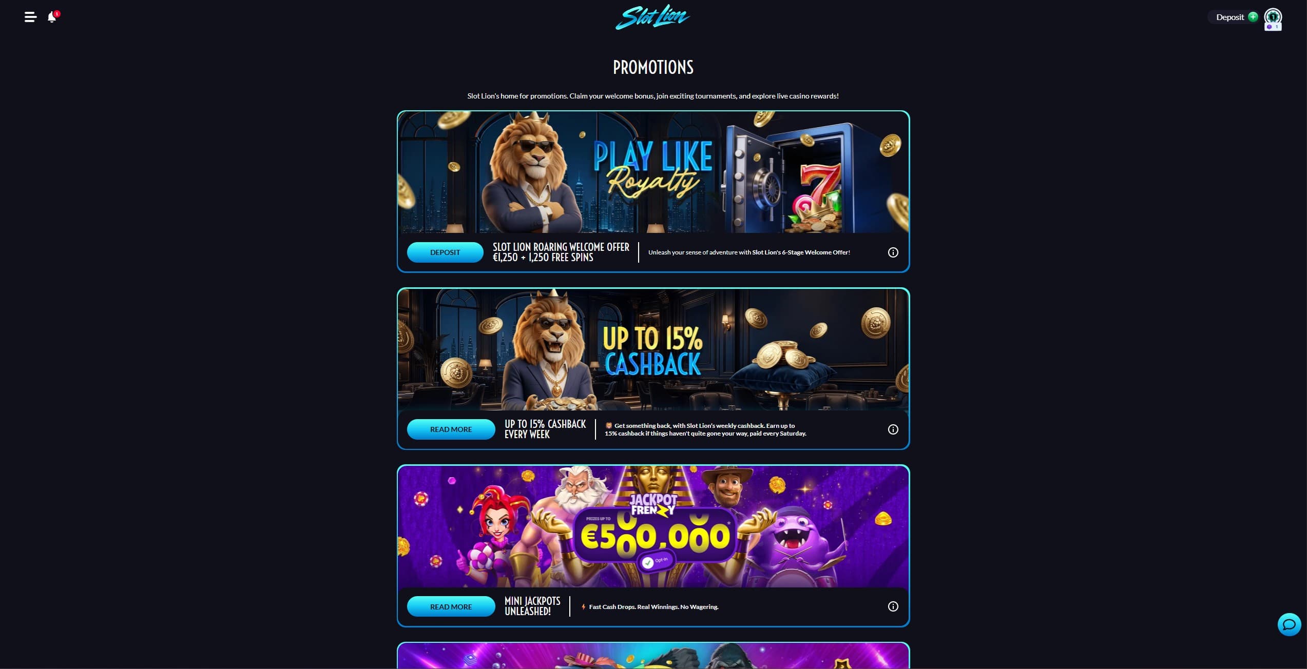 SlotLion Promotions Page showing the available bonuses and promotions
