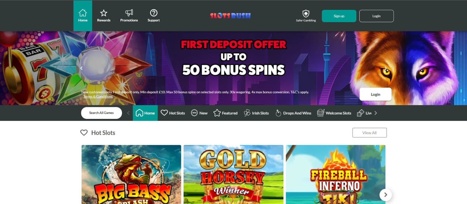 Welcome offer at Slots Rush Casino: Up to 50 free spins on your first deposit, plus other bonus opportunities.