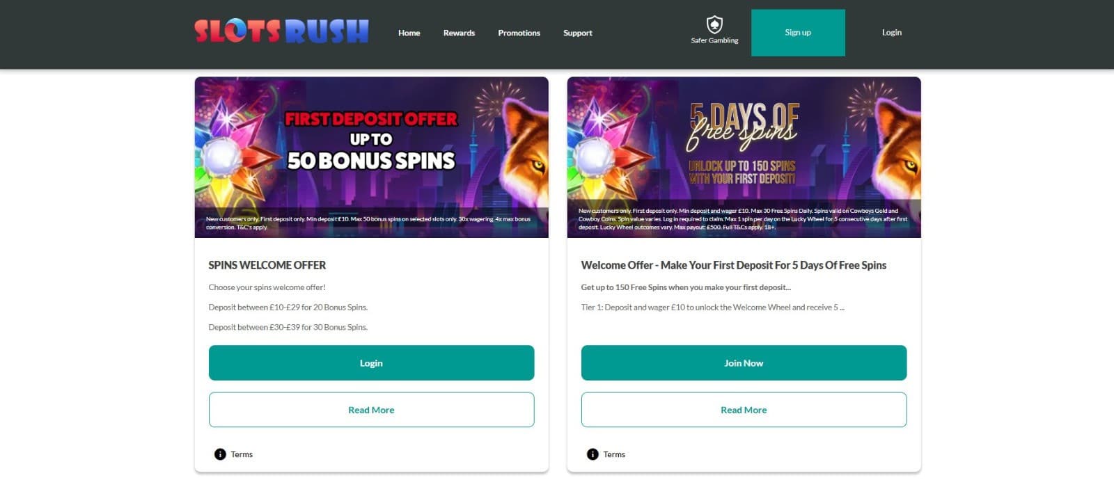 The promotions page of Slot Rush Casino displays a range of bonuses, such as the first deposit bonus and the welcome offer.
