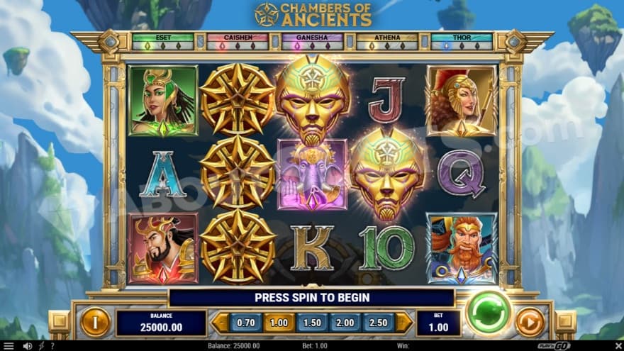 Base game where you can see the meters of the different gods above the reels.