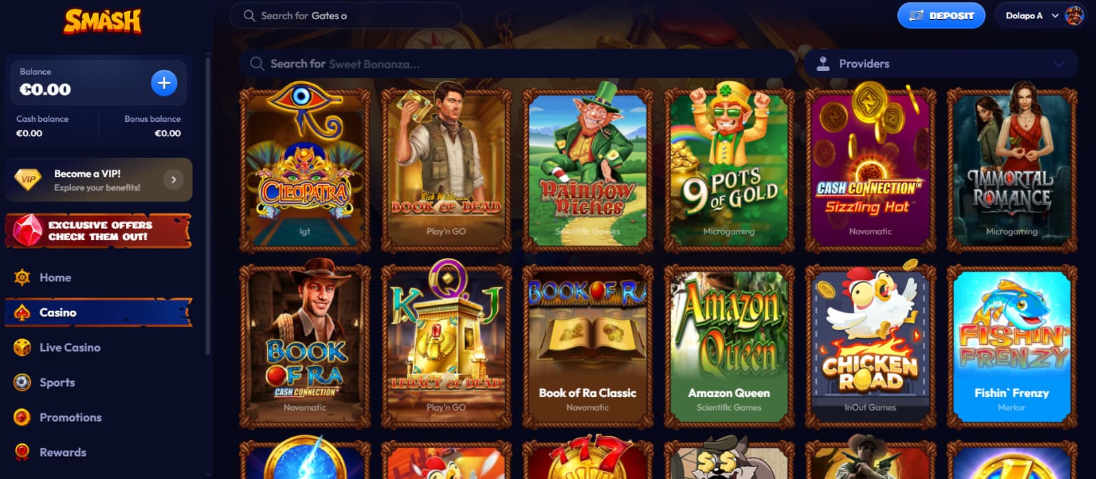Smash Casino games lobby showing slot grid with providers like Novomatic, Microgaming, and Play’n GO alongside left sidebar navigatio