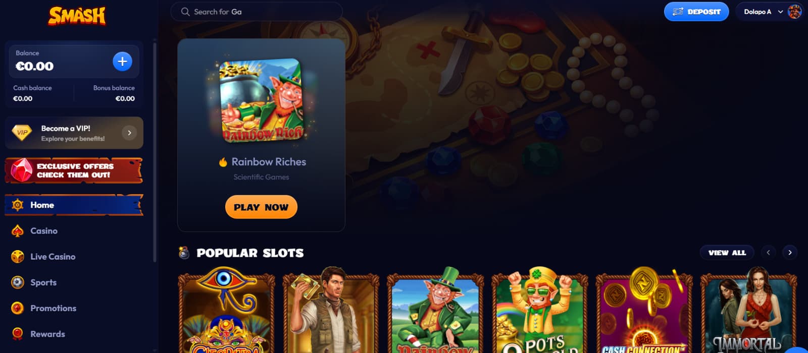 Smash Casino homepage with search bar, featured slot Rainbow Riches, and horizontal carousel of popular games